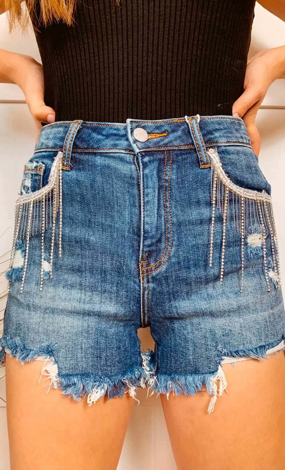 Rhinestone Distressed Denim Shorts