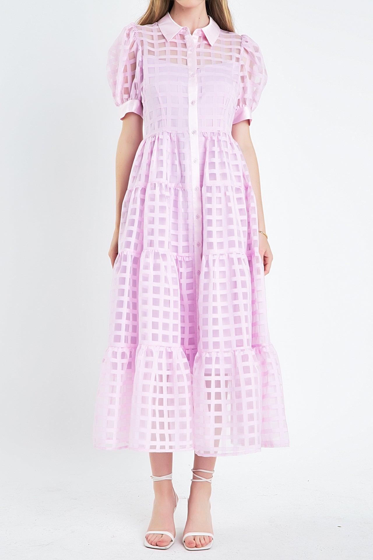 Gridded Organza Tiered Maxi Dress