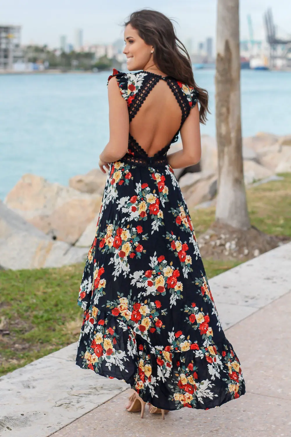 Bohemian Blossom Floral Open Back Boho Maxi Dress