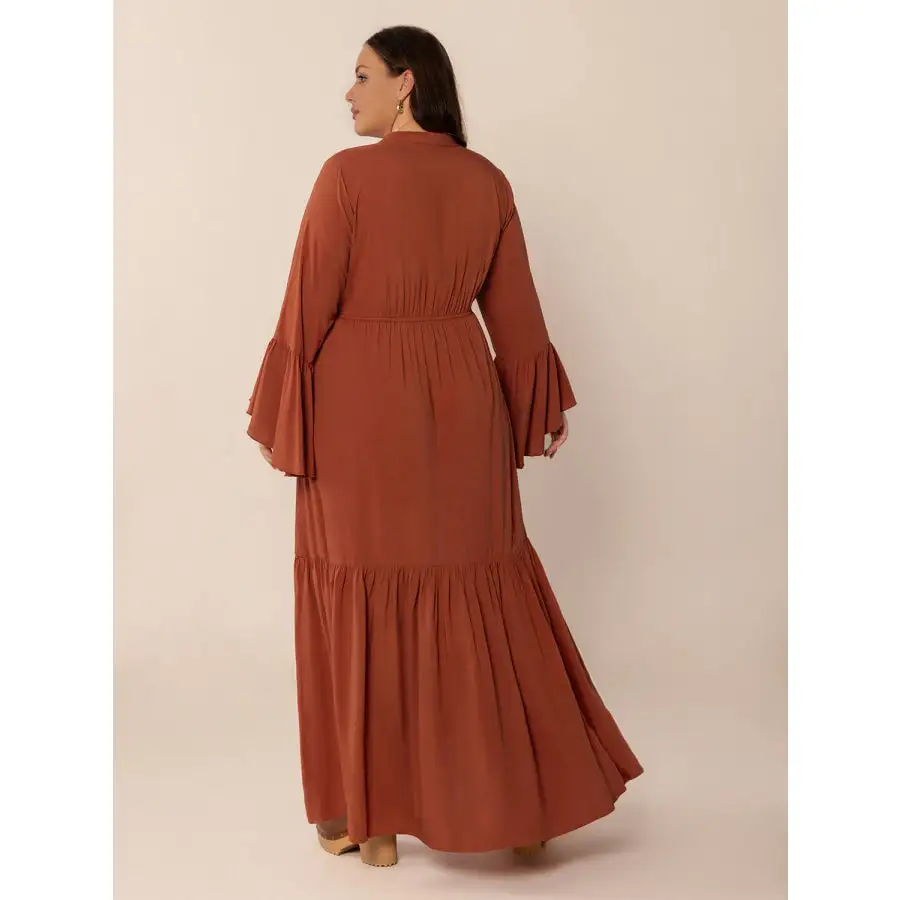 Plus Size Ruffled Notched Long Sleeve Midi Dress