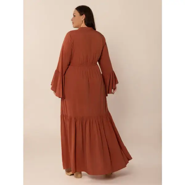 Plus Size Ruffled Notched Long Sleeve Midi Dress