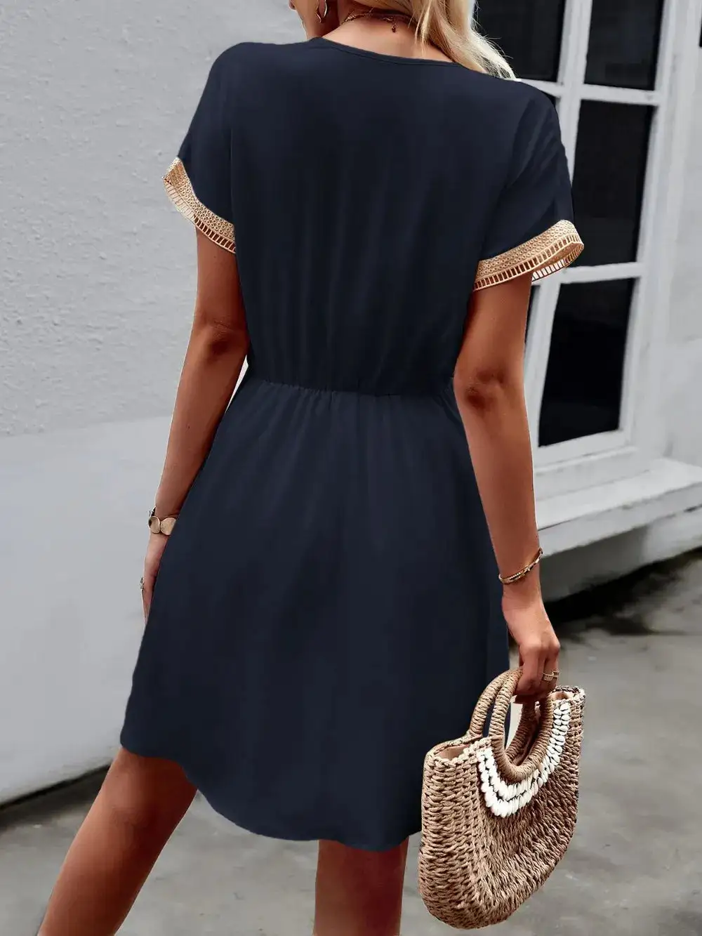 Contrast Trim V Neck Short Sleeve Mini Dress