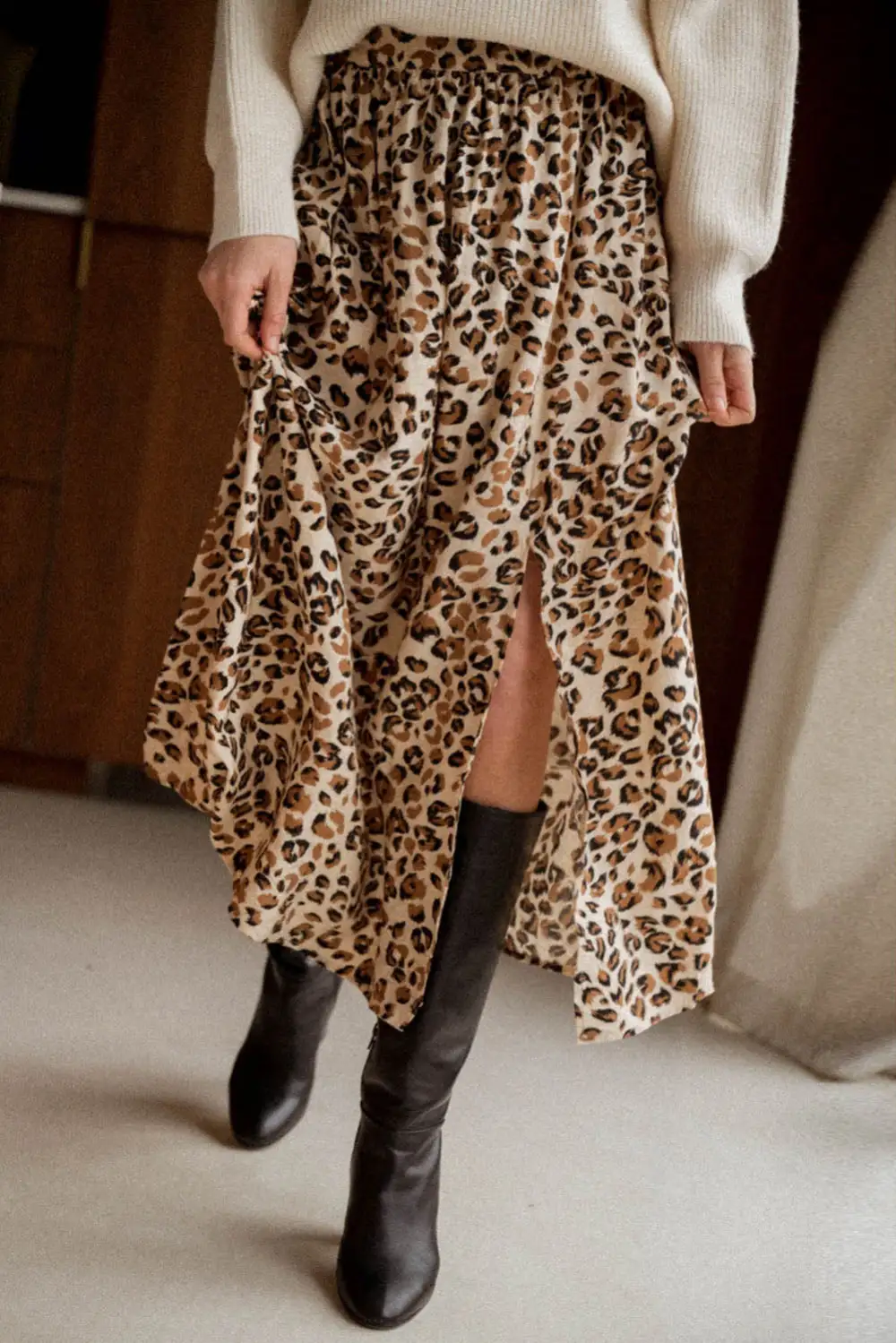 Print High Waist Side Slit Skirt
