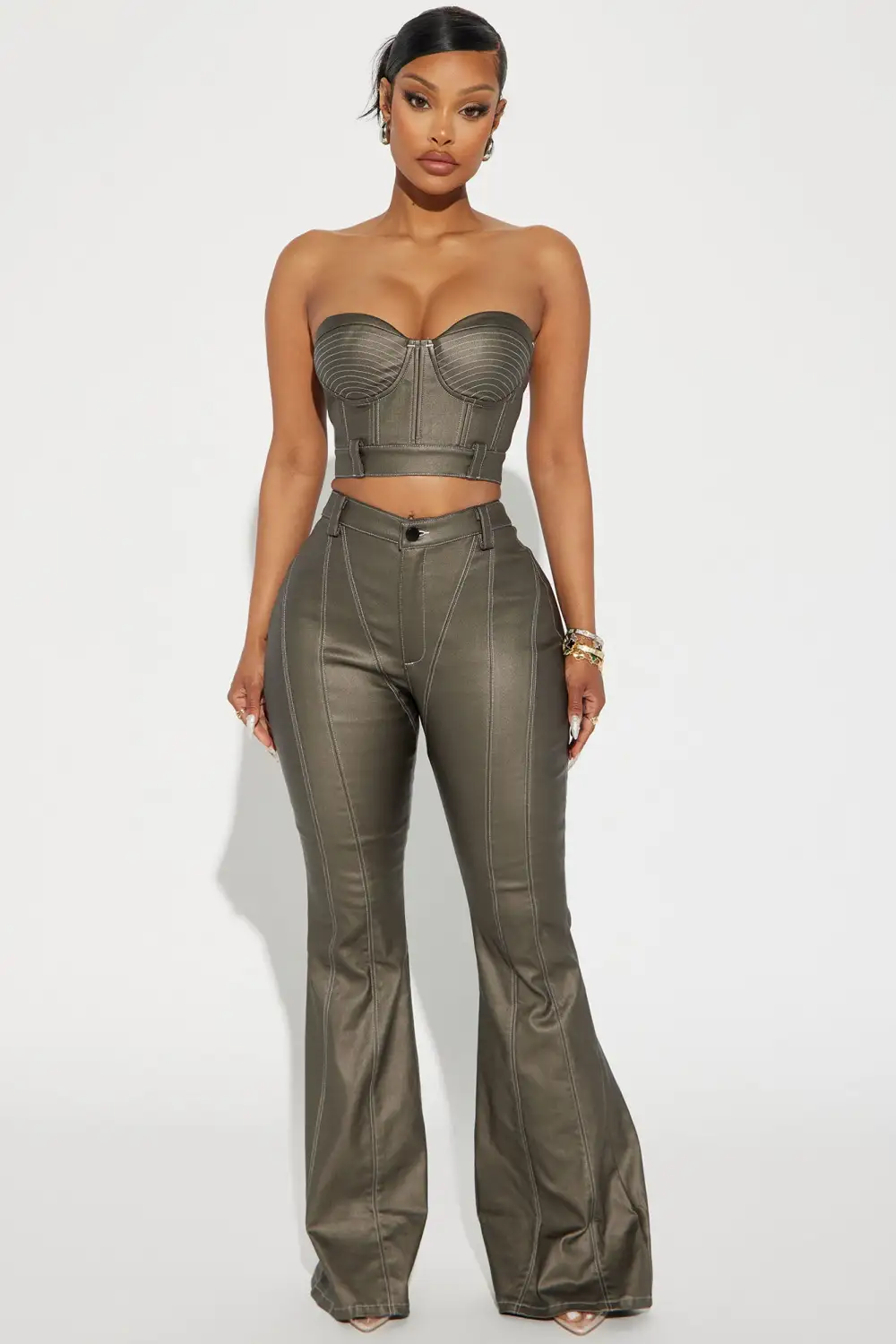 Lola Faux Leather Pant  Set - Bronze
