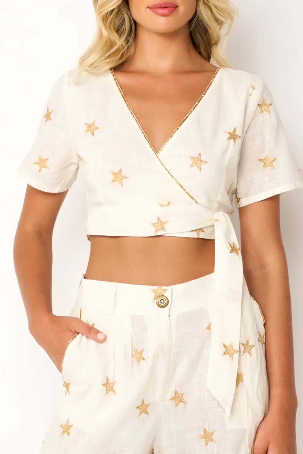 White Star Embroidered Wrap Crop Top