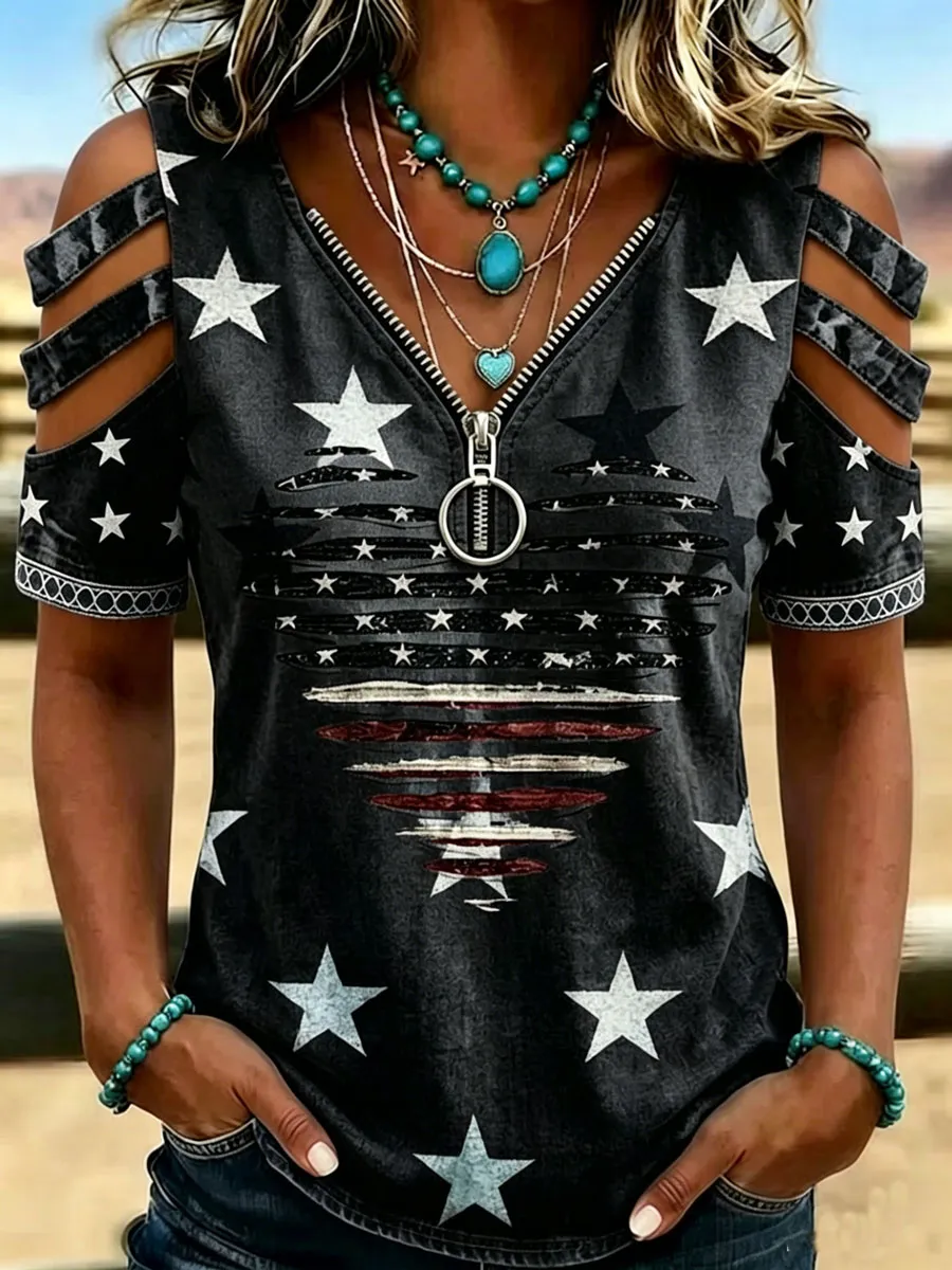 Female Casual Hollowed Out Patriotic T-Shirt