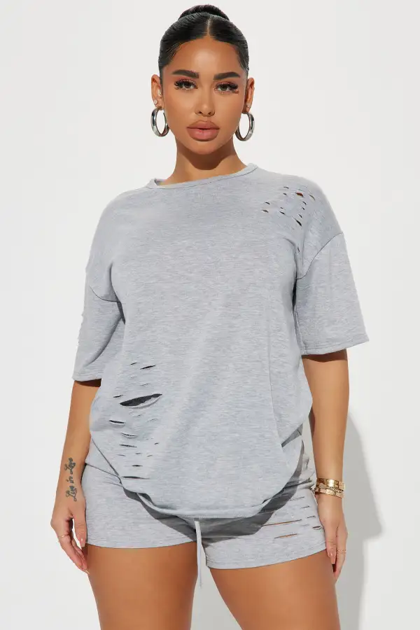Vibe Check Short Set - Heather Grey