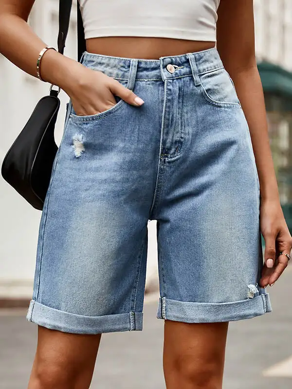 Hoog Getailleerde Losse Zakken Met Knopen Jeansbroeken Shorts