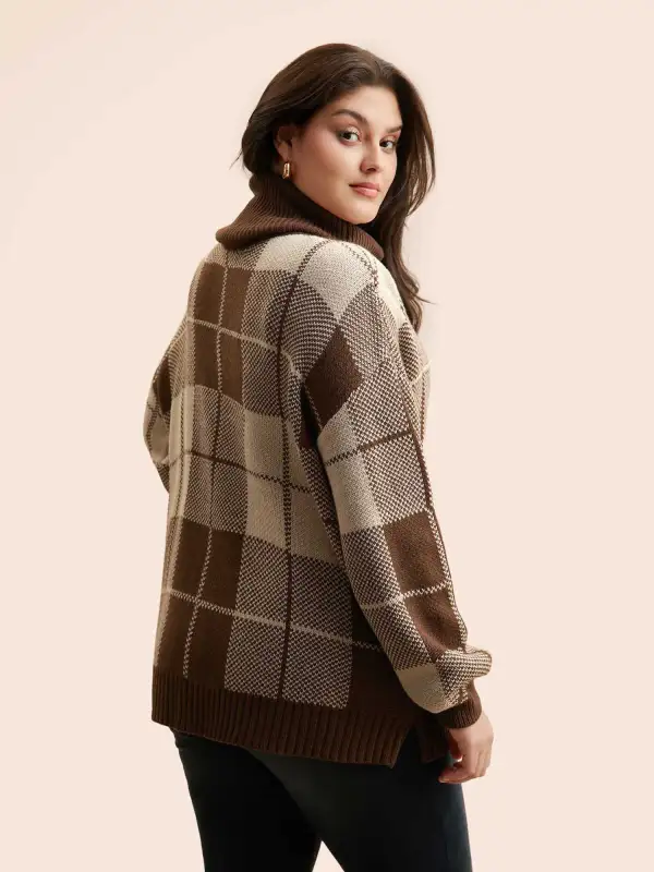 Plaid Turtleneck Drop Shoulder Pullover