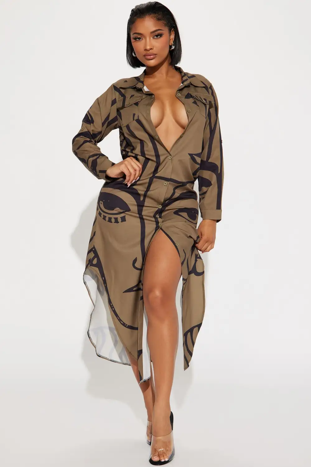 Eyes On You Maxi Shirt Dress - Olive/combo