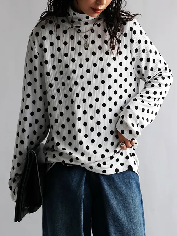 Long Sleeve Relaxed Polka Dot Draped Collar T-Shirt