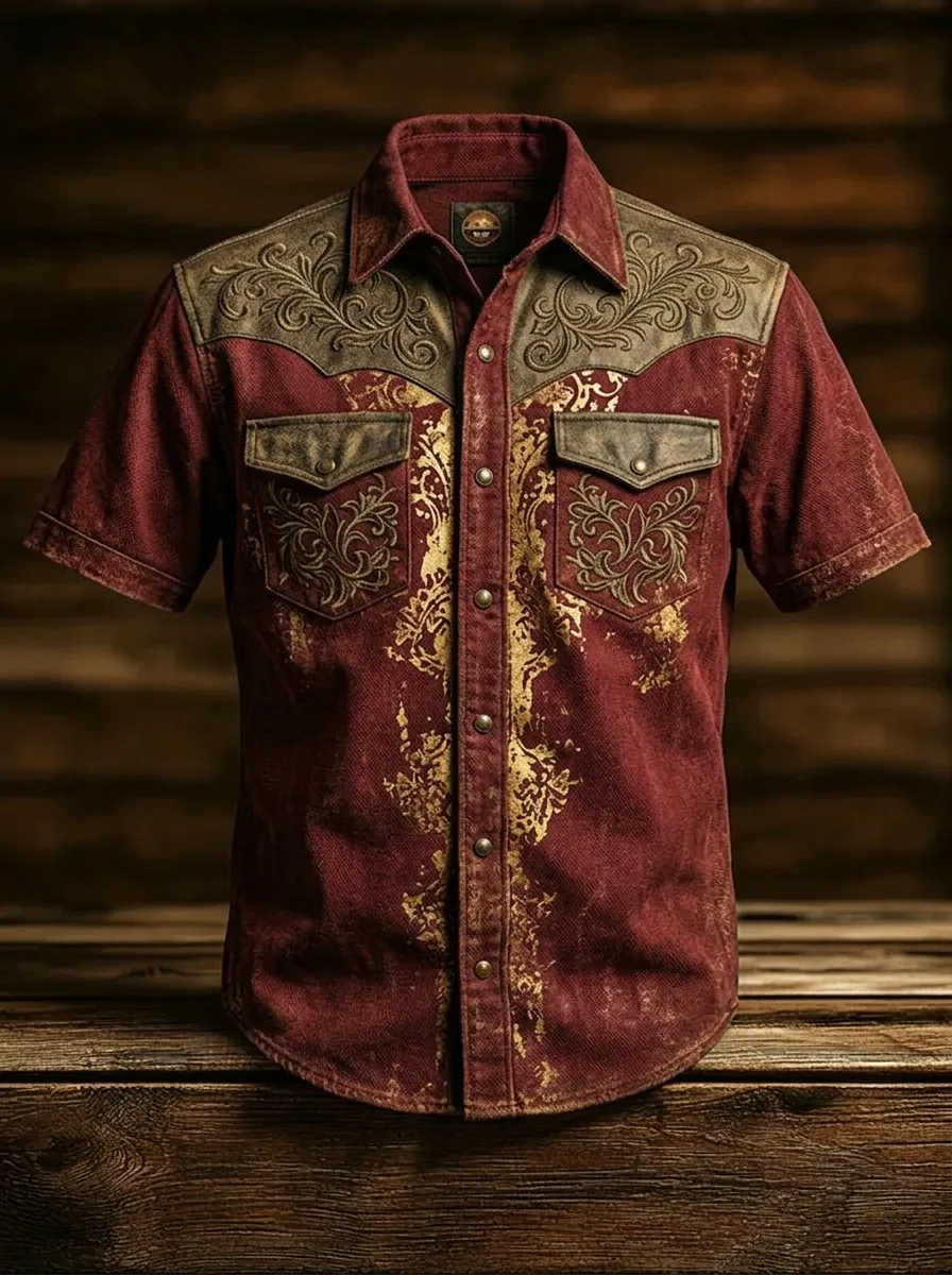 Men's Western Style Floral Embroidery Printed Shirt