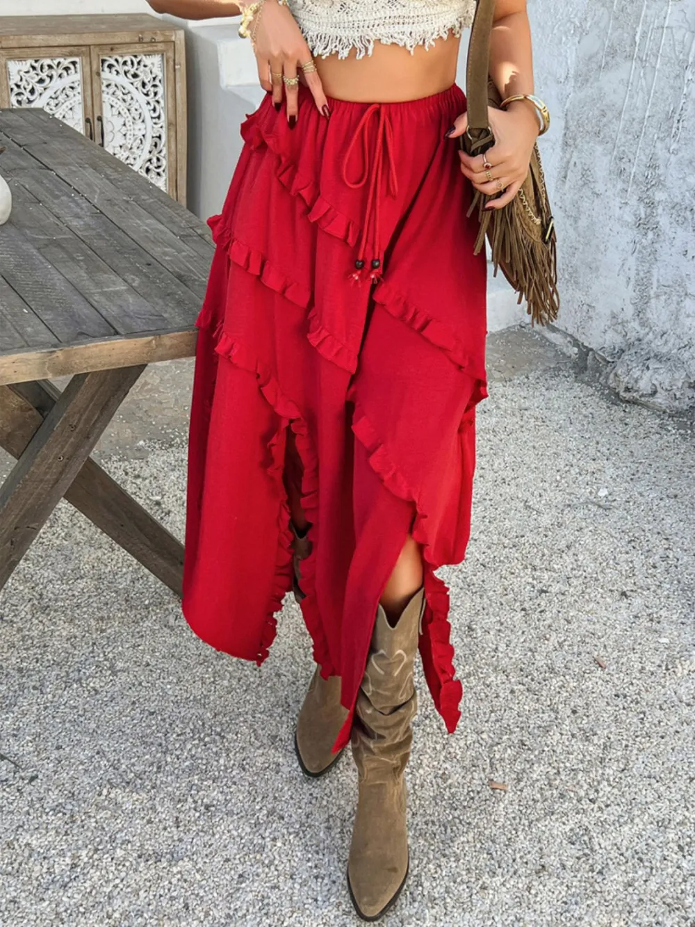 Slit Drawstring Ruffled So Skirt
