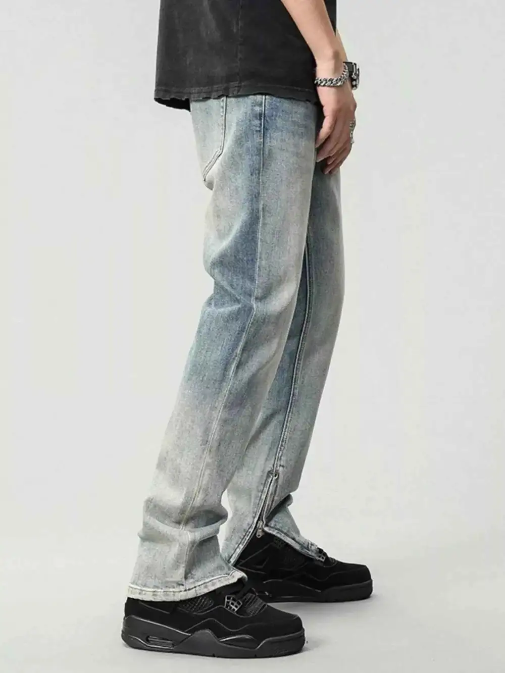 Zip Detail Washed Straight Leg Jeans