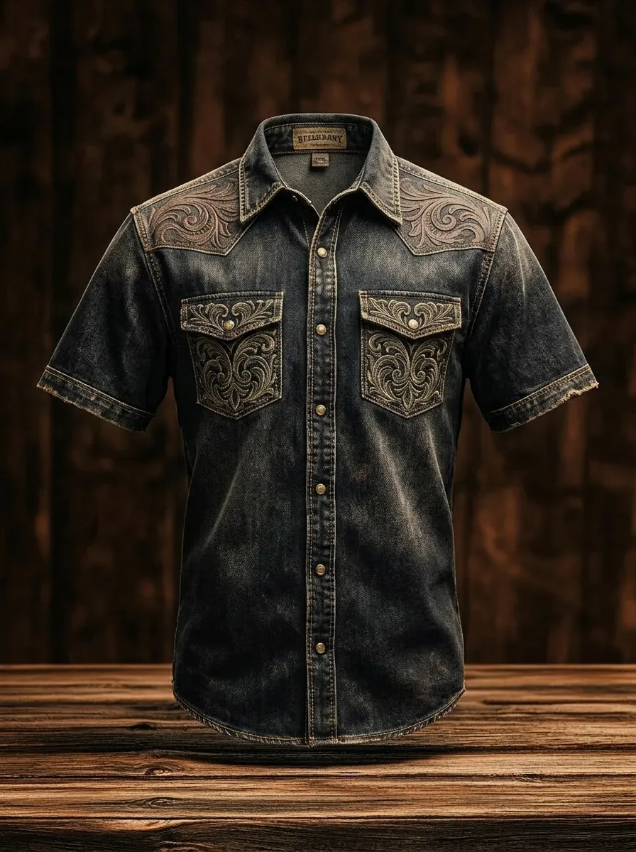 Men's Western Cowboy Floral Tooled Leather Printed Shirt-2