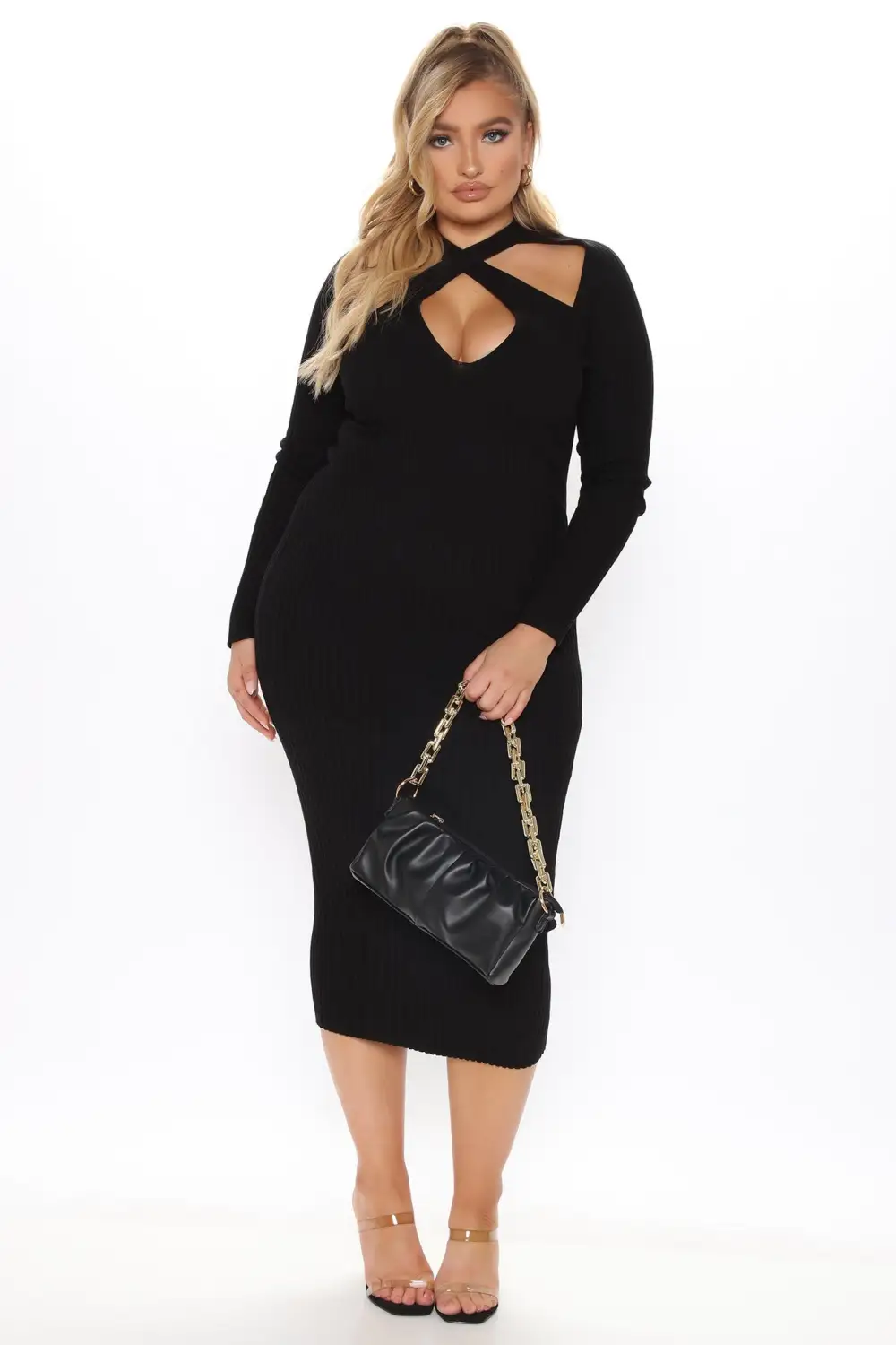 Caught Looking Sweater Midi Dress - Black