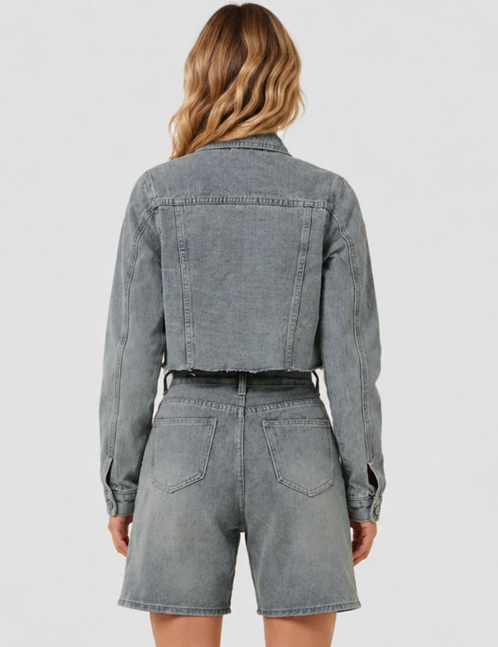 Destressed Button Down Croped Denim Jacket