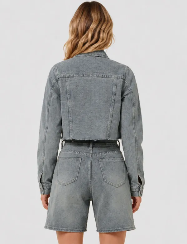 Destressed Button Down Croped Denim Jacket