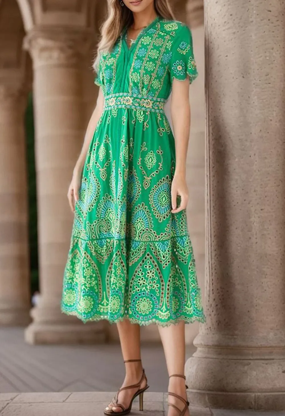 EXOTIC DAY CUTWORK EMBROIDERY MIDI DRESS