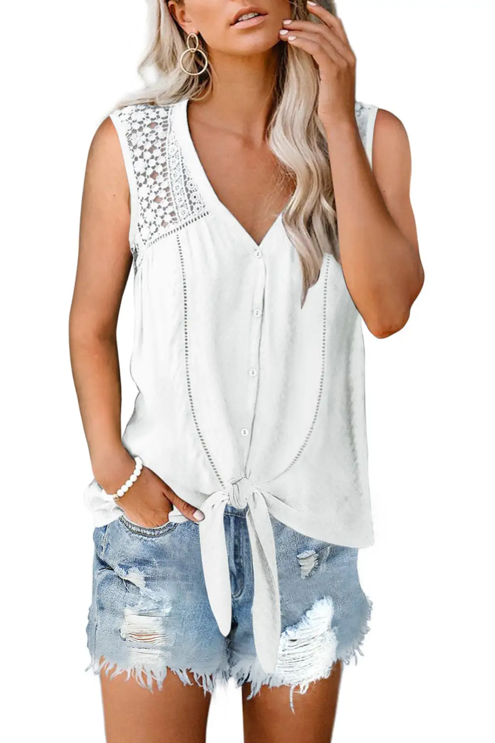 Lace Tie Front Button Tank Top