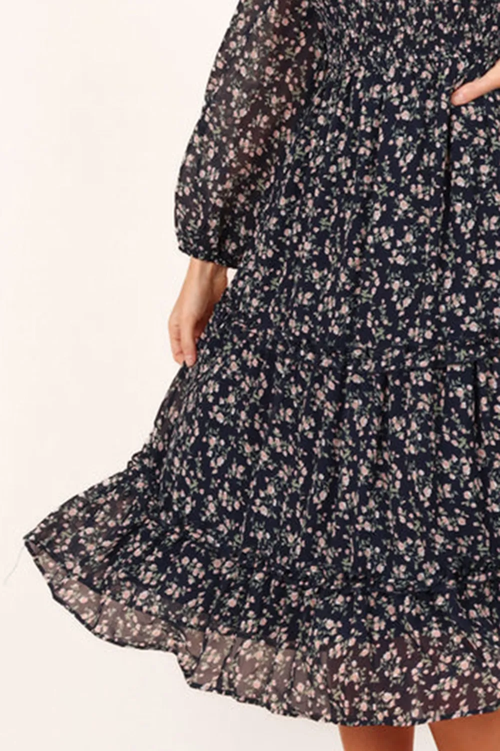 EDWINA SHIRRED FRILL LONG SLEEVE MIDI DRESS - NAVY FLORAL