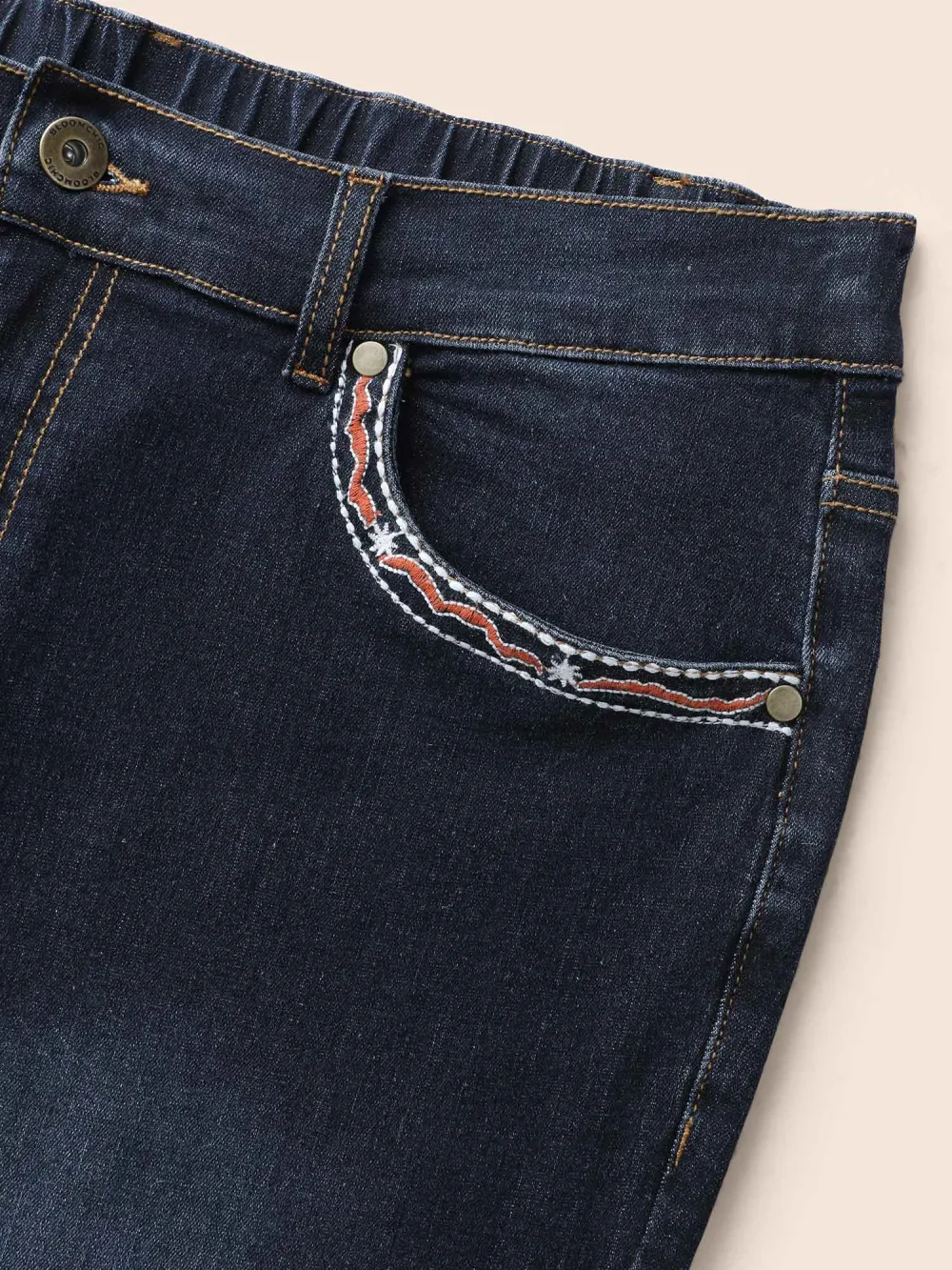 Stretch Denim Front Embroided Pockets Flare Jeans