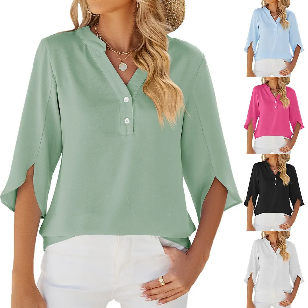 Button V-Neck Chiffon Blouse