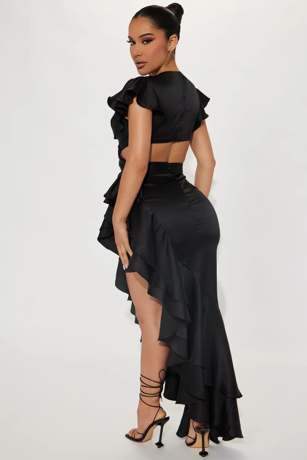 Carrie Satin Ruffle Maxi Dress - Black
