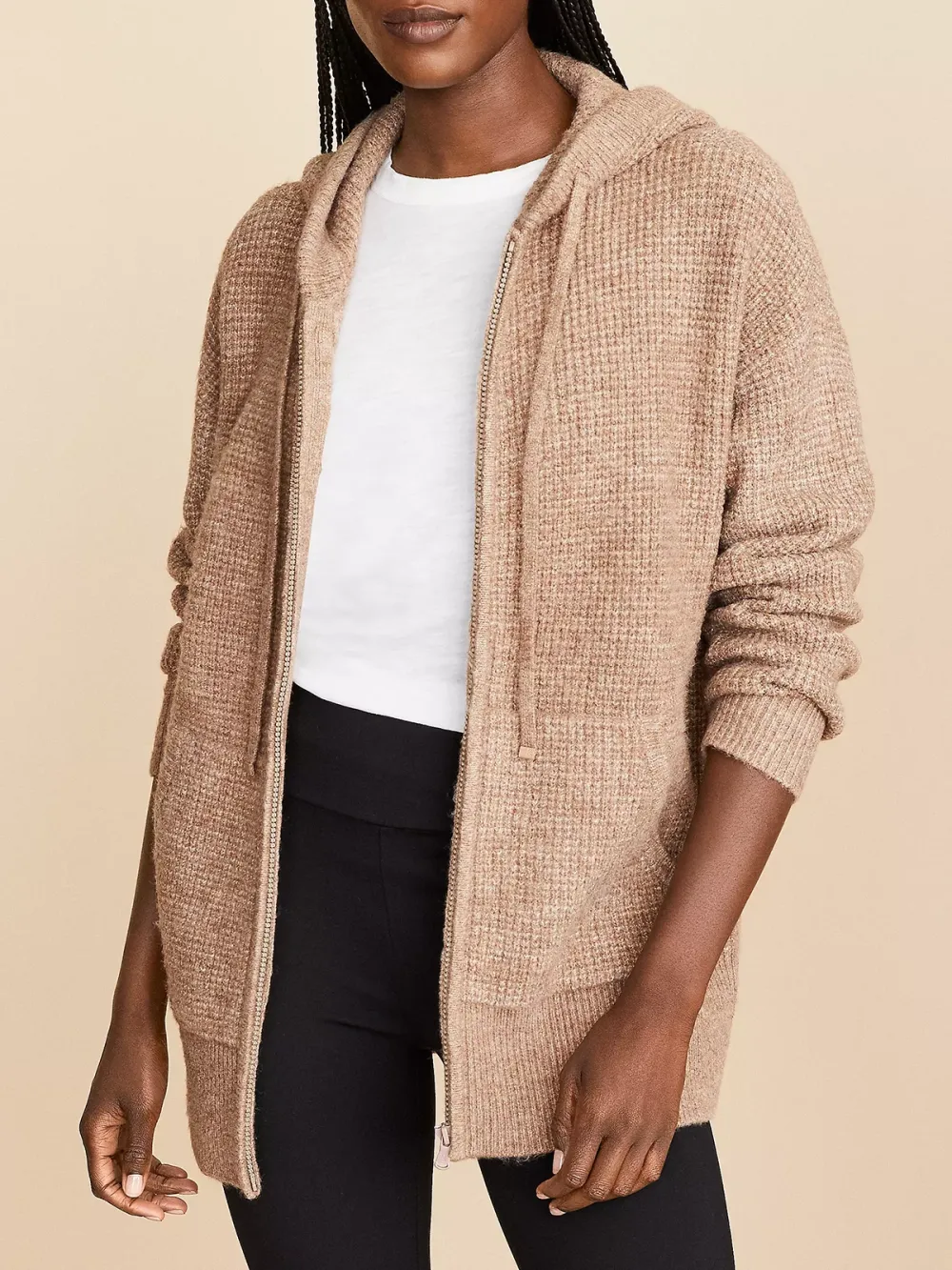 Wafflestitch Zip Hoodie Tunic Sweater