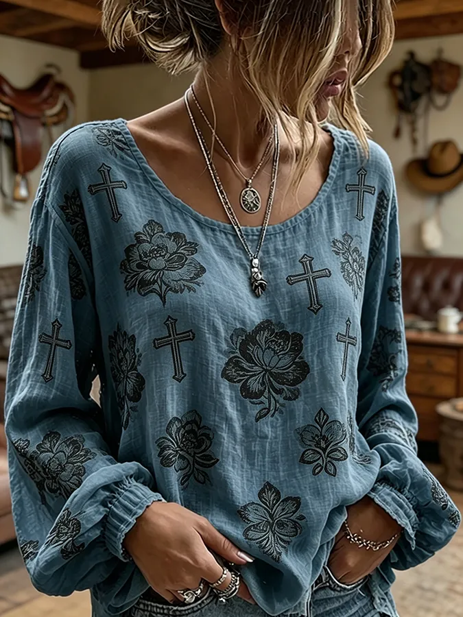 Women's Cross Floral Print Western Long Sleeve Blouse