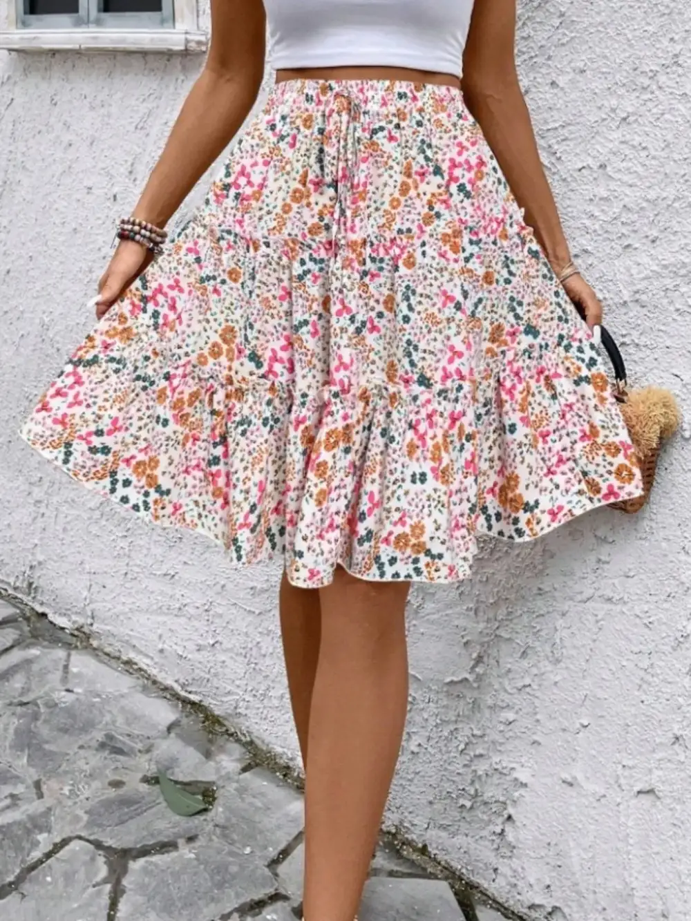 Textured Ruffle Trim Printed Silhouette Skirt