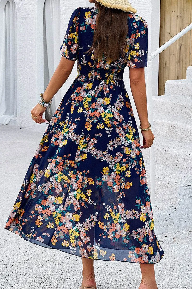 Smocked Floral V Neck Maxi Dress