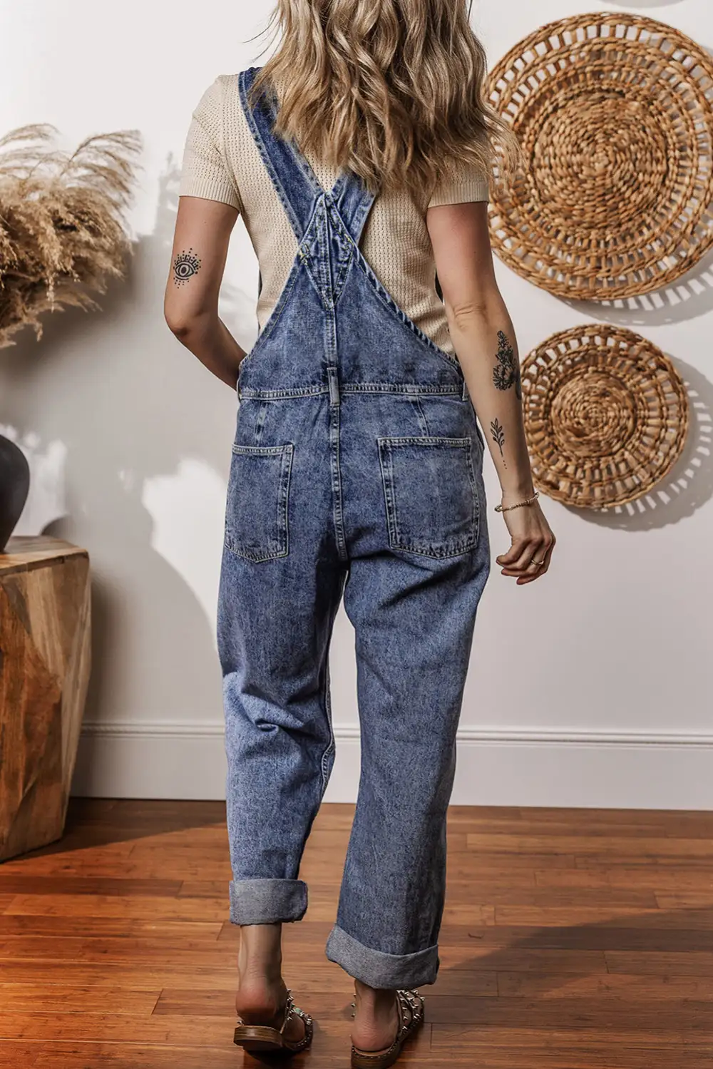 Denim Bib Straight Leg Jumpsuit With Pockets