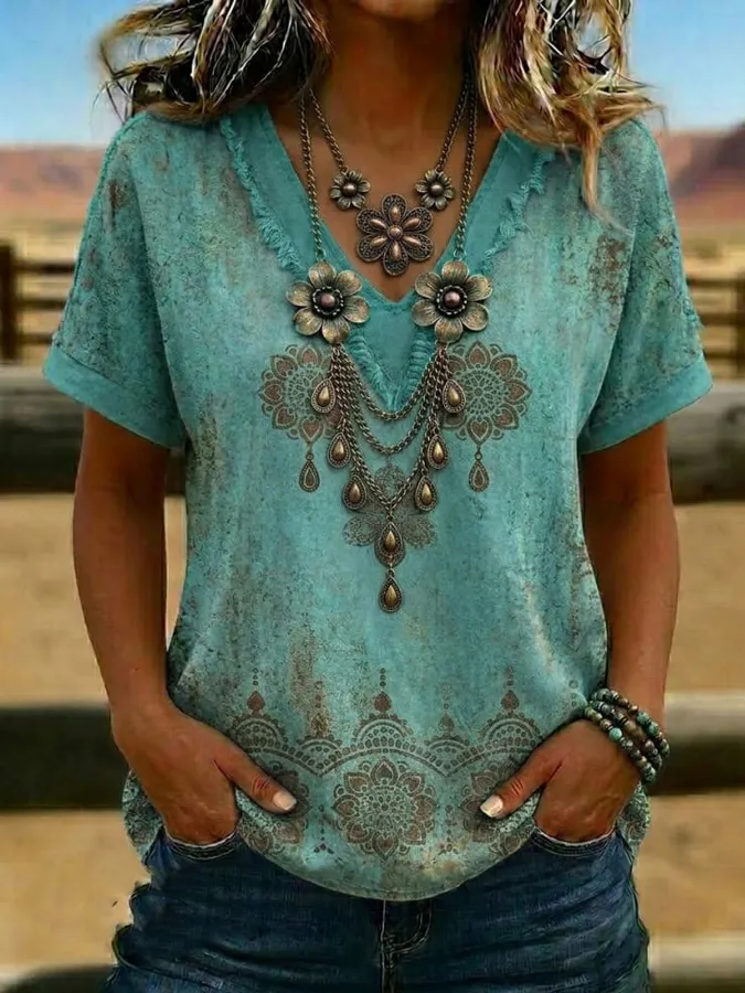 Women'S Retro Floral Print V-Neck T-Shirt