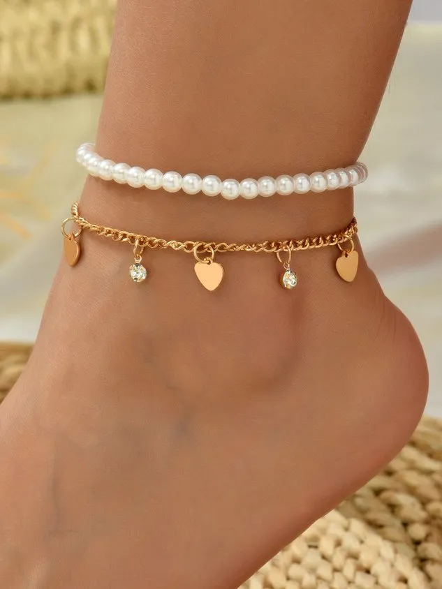 Vacation Metal Heart Diamond Pearl Layered Anklet Boho Women's Jewelry