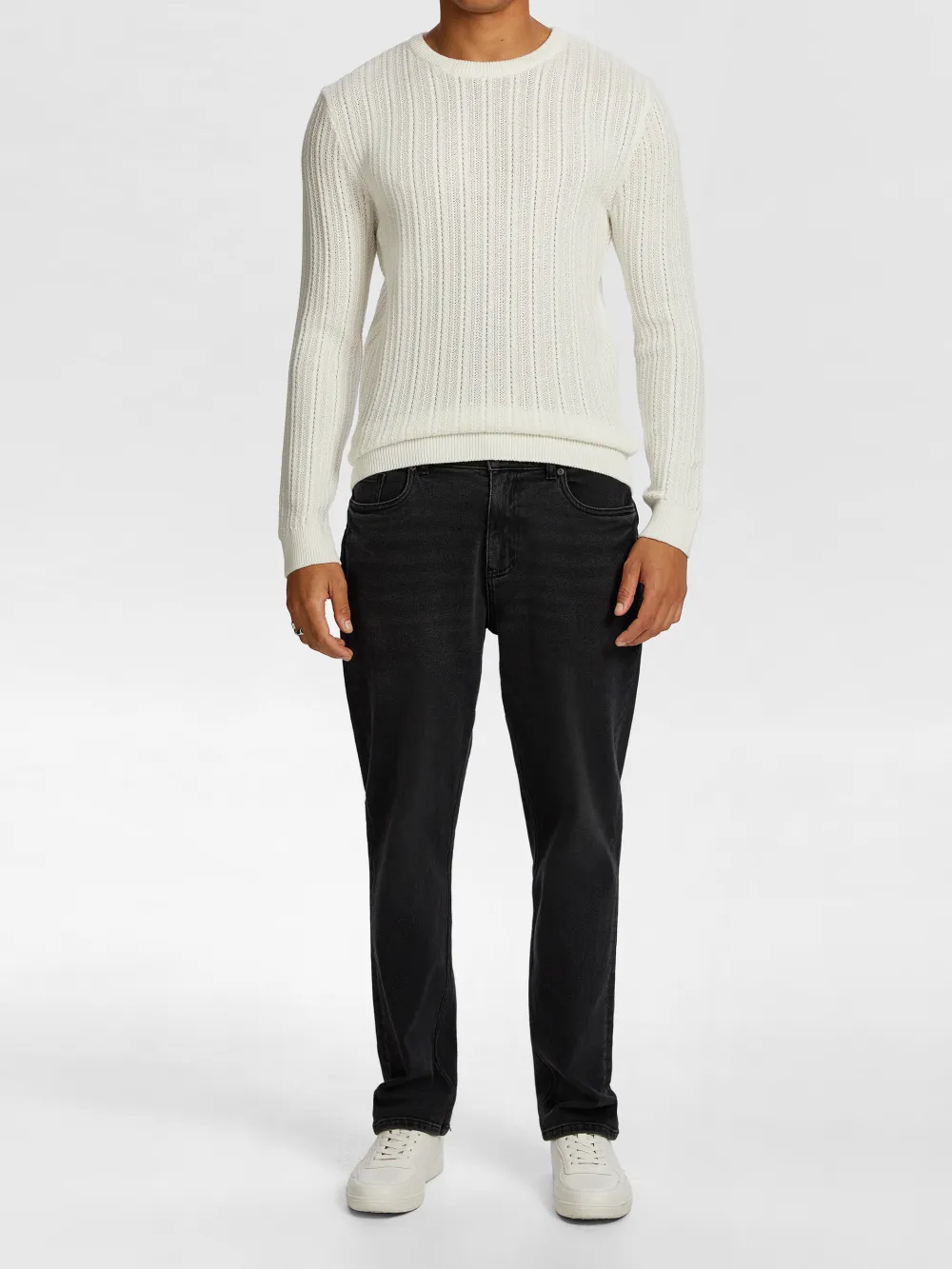 White Textured Knit Crew Neck Sweater