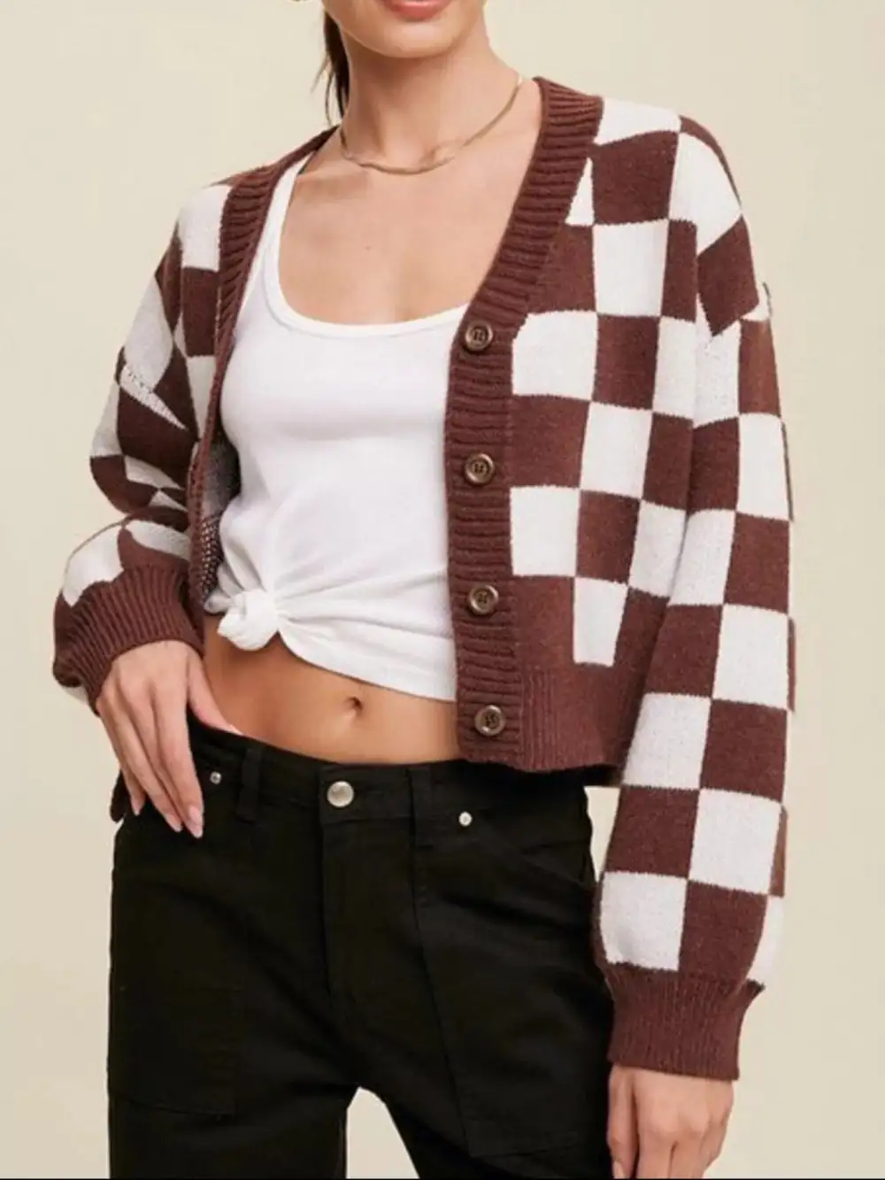 Checkerboard Pattern Button Down Cardigan