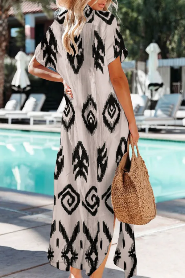 Black Print Side Split Long Shirt Dress