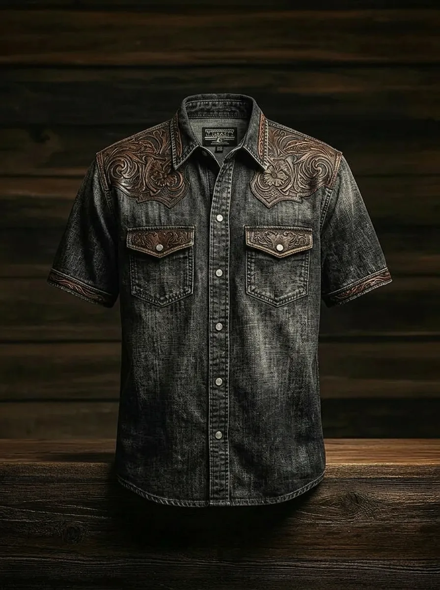 Men's Western Style Floral Tooled Leather Print Denim Shirt
