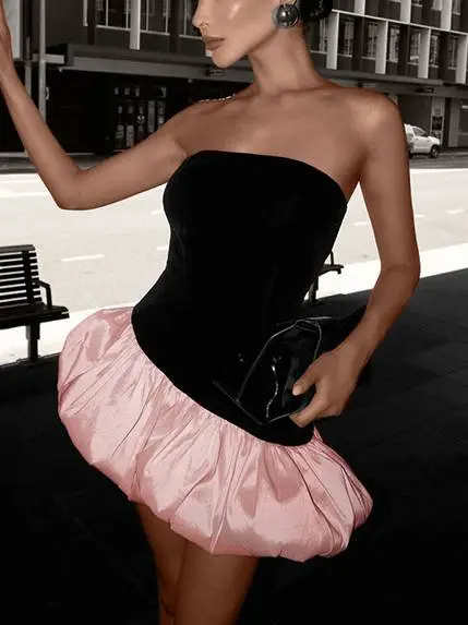 Velvet Tube Top with Bud Mini Dress