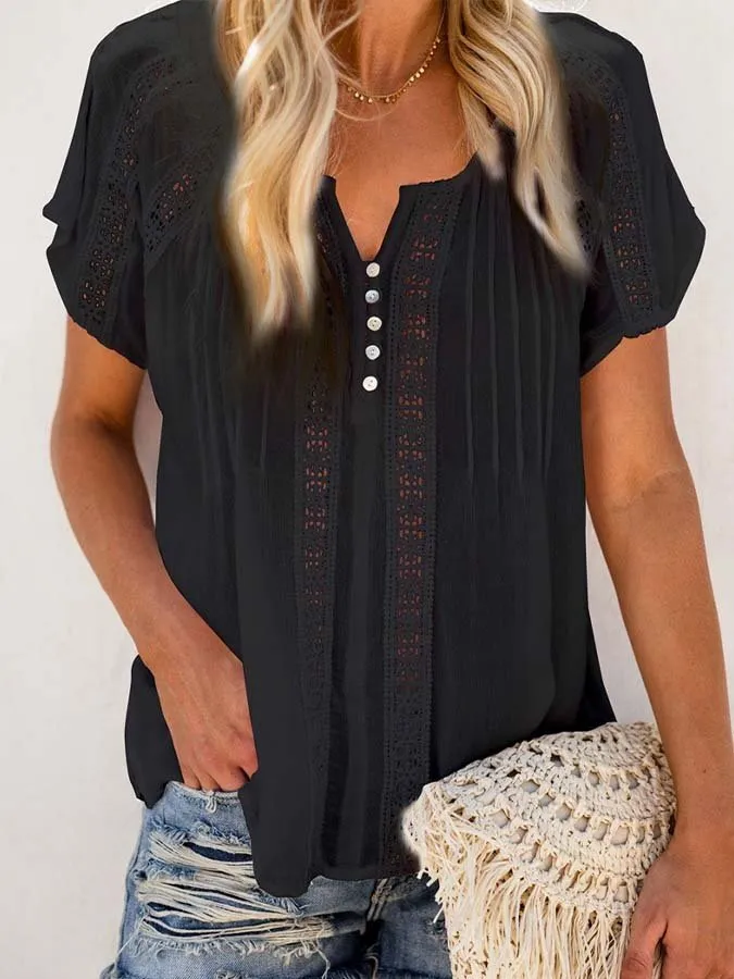 Women's Lace Panel Cutout Button Shirt