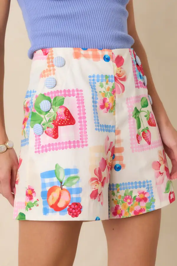 Multi Cotton Fruit Print Button Detail Shorts