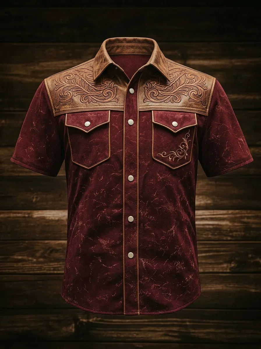 Men's Western Cowboy Floral Leather Yoke Printed Shirt