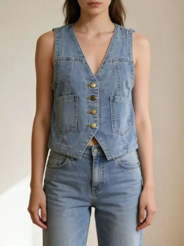Plus Size Button-Down Denim Vest