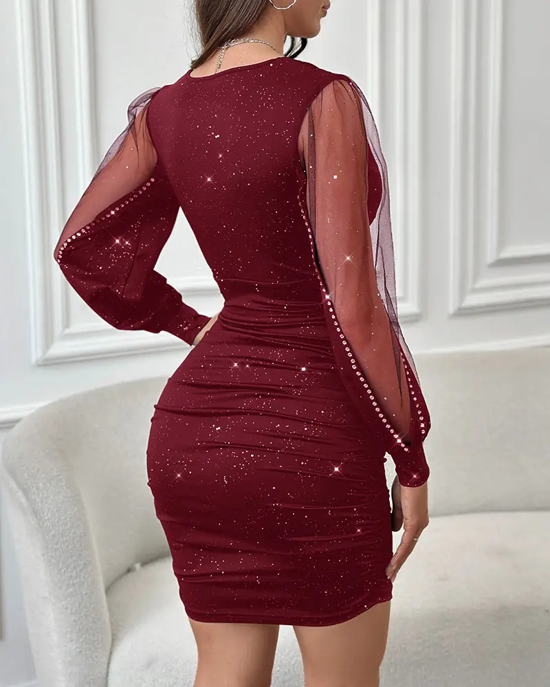 Sheer Mesh Patch Glitter Bodycon Dress