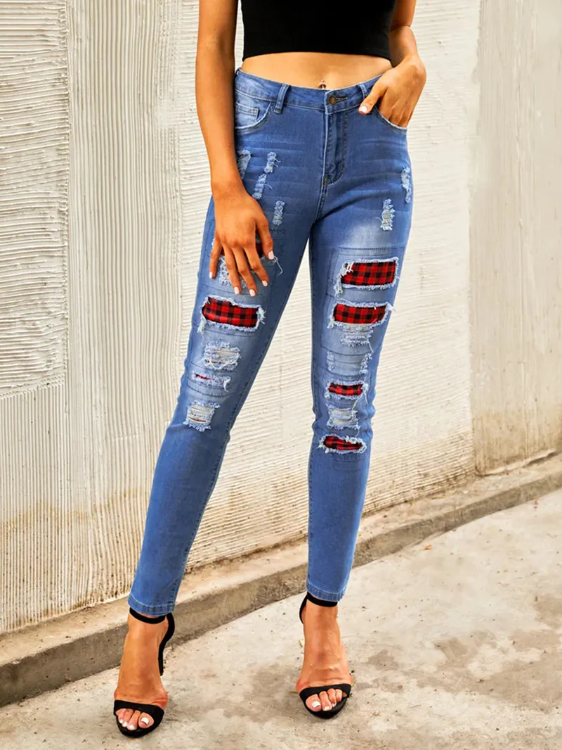 Women's vintage plaid patchwork jeans