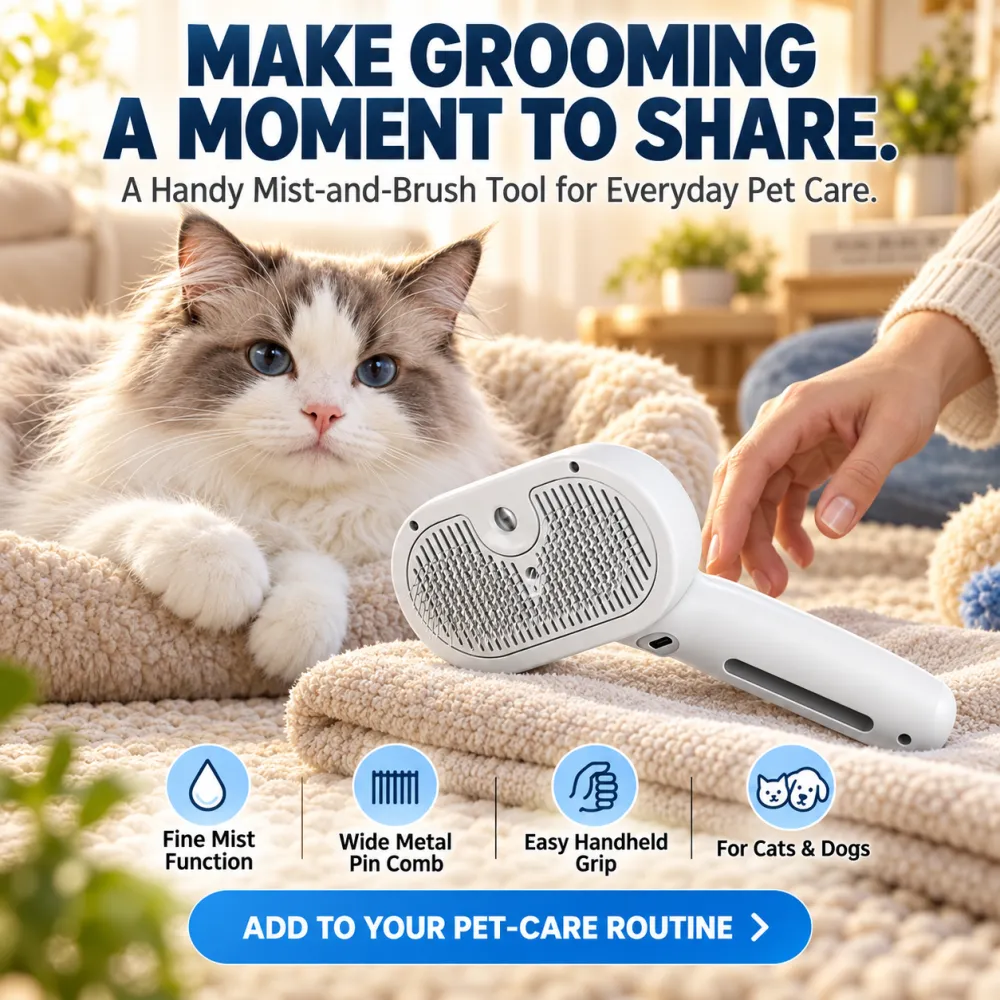 3-in-1 Plastic Steam Pet Grooming Brush – One-Touch Self-Cleaning Mist Comb for Heavy Shedding Long-Haired Dogs/Cats, 7.4*4.4*2.4 Inch Electric Massage Brush, Quick Hair Removal Knot & Undercoat Remover, Grooming Accessories