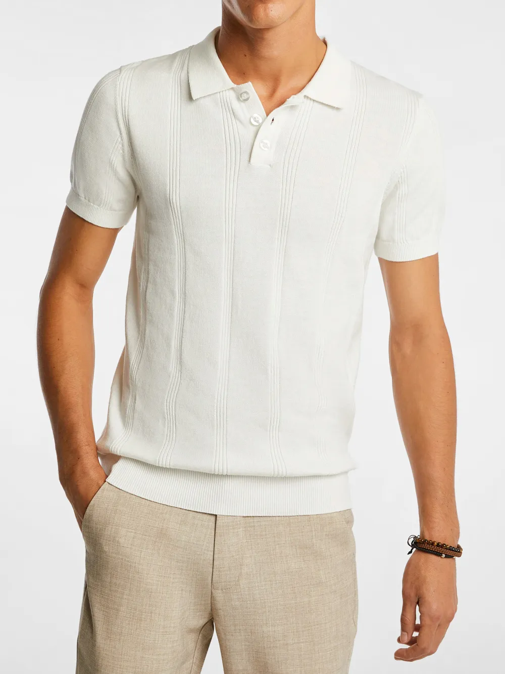 White Short Sleeve Textured Knit Polo Shirt
