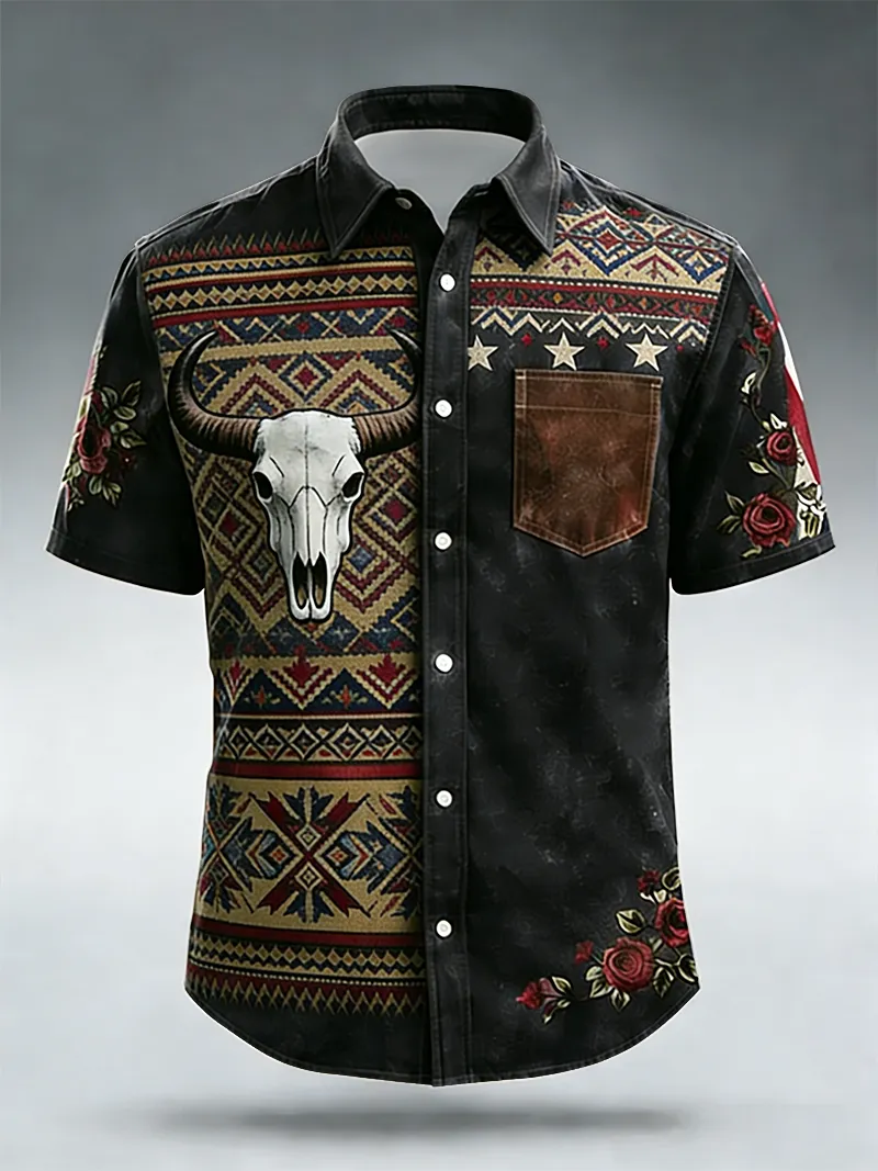 Men's Bull Skull & Rose Embroidered Short Sleeve Shirt