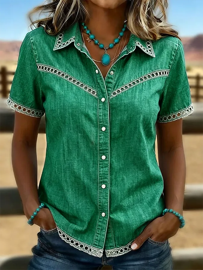 Women's Western Style Retro Solid Color Casual Hollow Denim Shirt